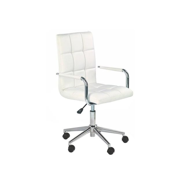 Set birou hm fino, 2 rafturi, pal melaminat, 122x57x85 cm, stejar auriu si scaun copii hm gonzo 2, ergonomic, tapitat cu piele ecologica, cu brate, 90 kg, alb drm10350