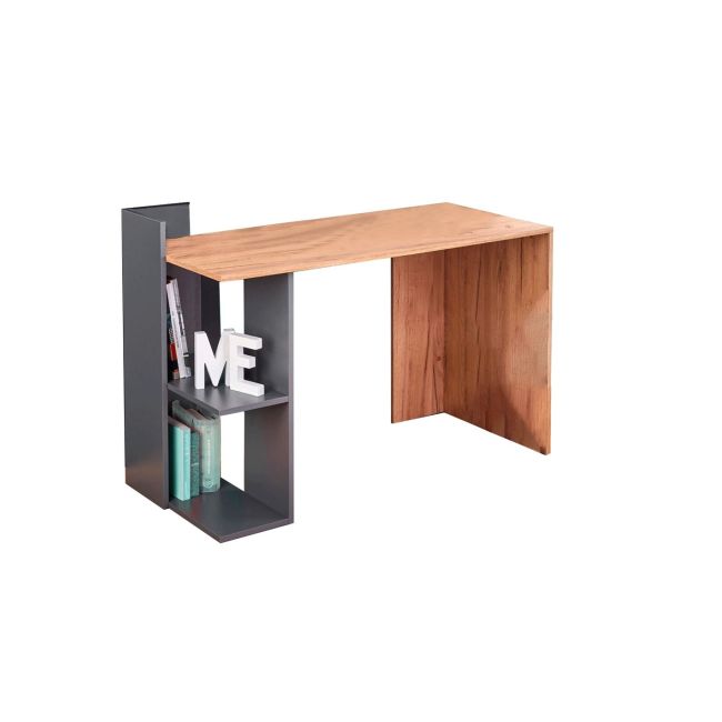 Set birou hm fino, 2 rafturi, pal melaminat, 122x57x85 cm, stejar/gri antracit si scaun copii hm doral, tapiterie stofa tip catifea, baza cromata, cu brate, 90 kg, gri inchis drm10349