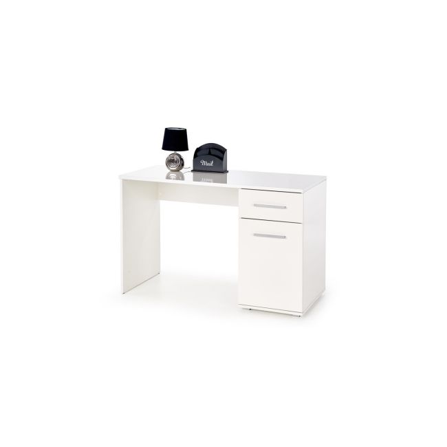Set birou hm lima b1, cu usa si sertar, pal melaminat, 120x55x75 cm, alb si scaun copii hm matrix, ergonomic, stofa/piele ecologica, 100 kg, negru/turcoaz drm10355