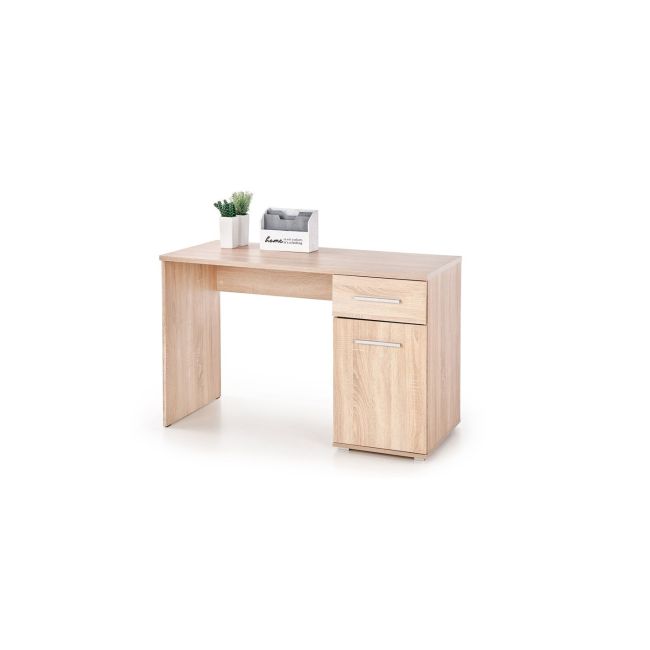 Set birou hm lima b1, cu usa si sertar, pal melaminat, 120x55x75 cm, stejar sonoma si scaun hm gonzo 4, stofa tip catifea, mecanism de balans, cadru cromat, 90 kg, verde drm10353
