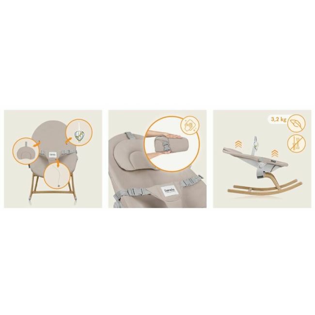 Balansoar, Lionelo, Dalia, 4 in 1, Inaltime reglabila in 2 pozitii, Cu husa detasabila, Cu bara de jucarii, Pana la 9 kg, Bej BYNLO-DALIA_ROCKER_BEIGE_SAND