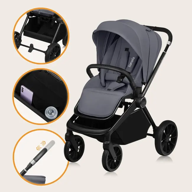 Carucior 2 in 1, Lionelo, Mika Plus, Cadru din aluminiu, Cu landou intarit si salteluta moale, Reversibil, Cu sistem de ventilatie 3D, Cu accesorii, Pana la 22 kg, Conform cu EN1888-1 EN1888-2, EN1466, Gri BYNLO-MIKA_PLUS_2IN1_GREY_STONE