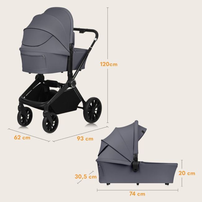 Carucior 2 in 1, Lionelo, Mika Plus, Cadru din aluminiu, Cu landou intarit si salteluta moale, Reversibil, Cu sistem de ventilatie 3D, Cu accesorii, Pana la 22 kg, Conform cu EN1888-1 EN1888-2, EN1466, Gri BYNLO-MIKA_PLUS_2IN1_GREY_STONE