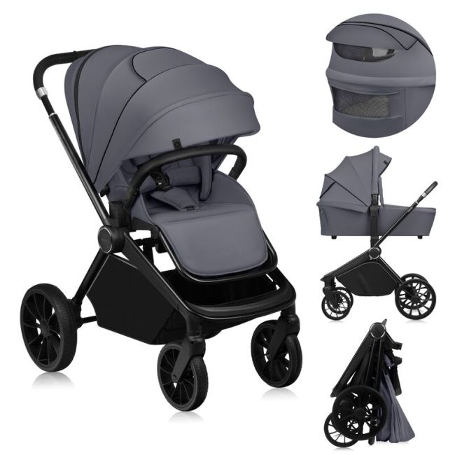 Carucior 2 in 1, Lionelo, Mika Plus, Cadru din aluminiu, Cu landou intarit si salteluta moale, Reversibil, Cu sistem de ventilatie 3D, Cu accesorii, Pana la 22 kg, Conform cu EN1888-1 EN1888-2, EN1466, Gri BYNLO-MIKA_PLUS_2IN1_GREY_STONE