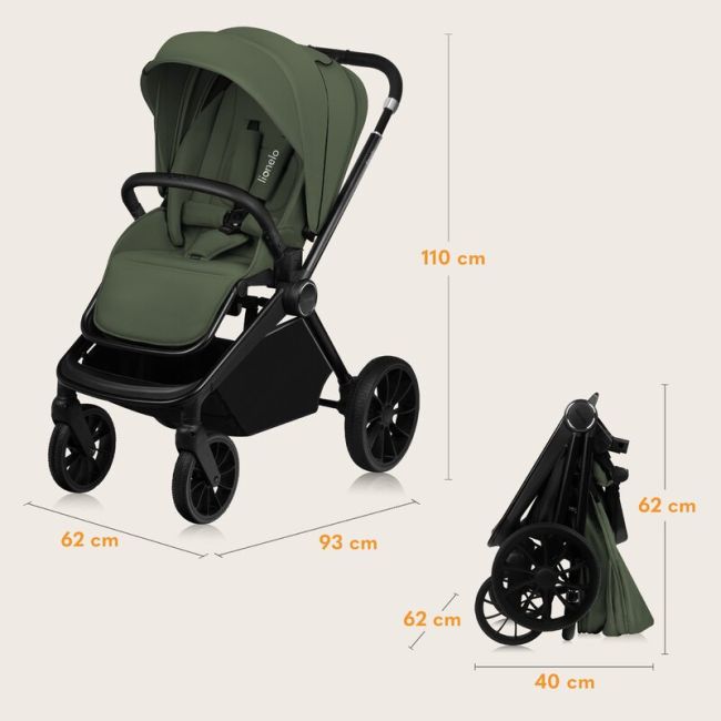 Carucior 2 in 1, Lionelo, Mika Plus, Cadru din aluminiu, Cu landou intarit si salteluta moale, Reversibil, Cu sistem de ventilatie 3D, Cu accesorii, Pana la 22 kg, Conform cu EN1888-1 EN1888-2, EN1466, Verde BYNLO-MIKA_PLUS_2IN1_GREEN_OLIVE