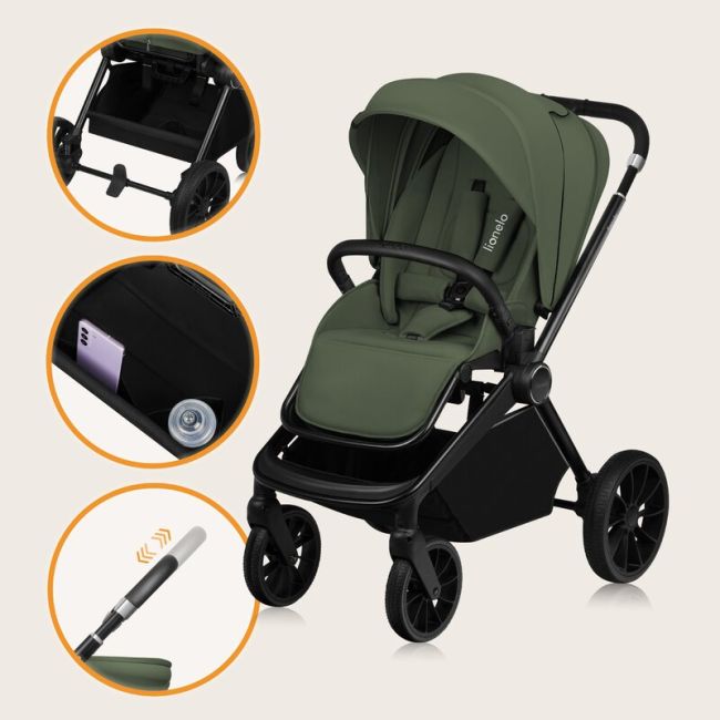 Carucior 2 in 1, Lionelo, Mika Plus, Cadru din aluminiu, Cu landou intarit si salteluta moale, Reversibil, Cu sistem de ventilatie 3D, Cu accesorii, Pana la 22 kg, Conform cu EN1888-1 EN1888-2, EN1466, Verde BYNLO-MIKA_PLUS_2IN1_GREEN_OLIVE