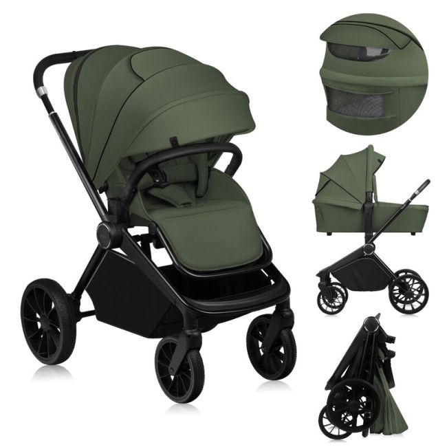 Carucior 2 in 1, Lionelo, Mika Plus, Cadru din aluminiu, Cu landou intarit si salteluta moale, Reversibil, Cu sistem de ventilatie 3D, Cu accesorii, Pana la 22 kg, Conform cu EN1888-1 EN1888-2, EN1466, Verde BYNLO-MIKA_PLUS_2IN1_GREEN_OLIVE