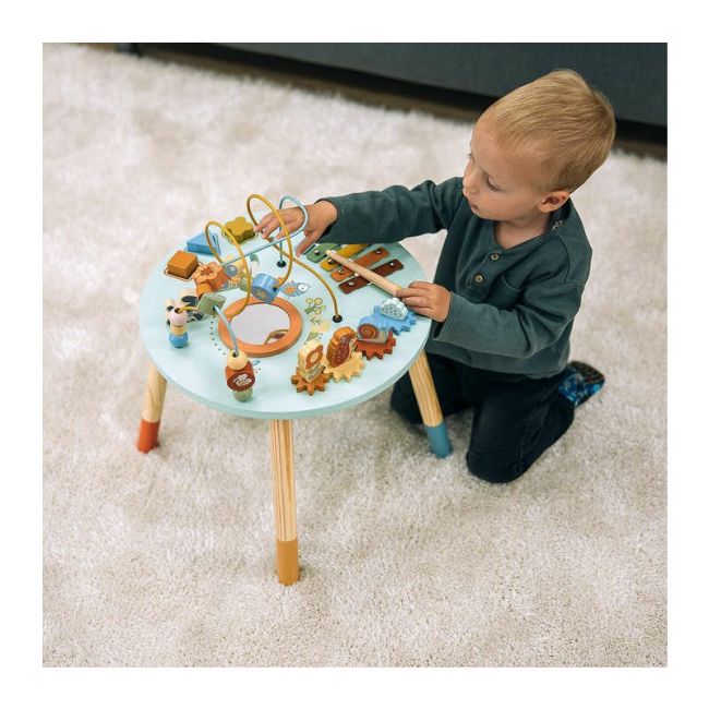Masuta interactiva, Free2Play, Fun Table, Educationala, Cu o varietate de forme rotative si jucarie in miscare, Xilofon, Sortator de forme, Dezvolta abilitatile motorii, Inaltime 32 cm si diametru 41 cm, 36 luni+, Blue BYN83235