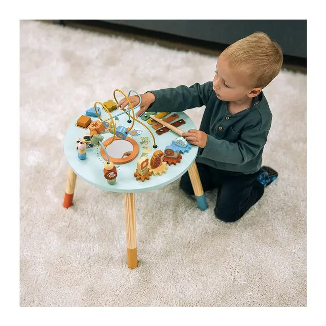Masuta interactiva, Free2Play, Fun Table, Educationala, Cu o varietate de forme rotative si jucarie in miscare, Xilofon, Sortator de forme, Dezvolta abilitatile motorii, Inaltime 32 cm si diametru 41 cm, 36 luni+, Blue BYN83235
