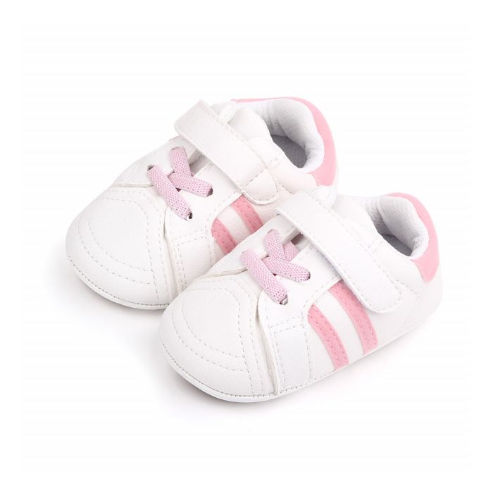 Adidasi albi cu dungi roz pentru bebelusi MBD2588-4-p9.3-6 luni (Marimea 18 incaltaminte)