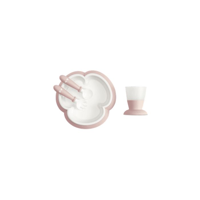 BabyBjorn - Set hranire: farfurie, lingurita, furculita si pahar pentru bebe, Powder Pink BSAFE078164A