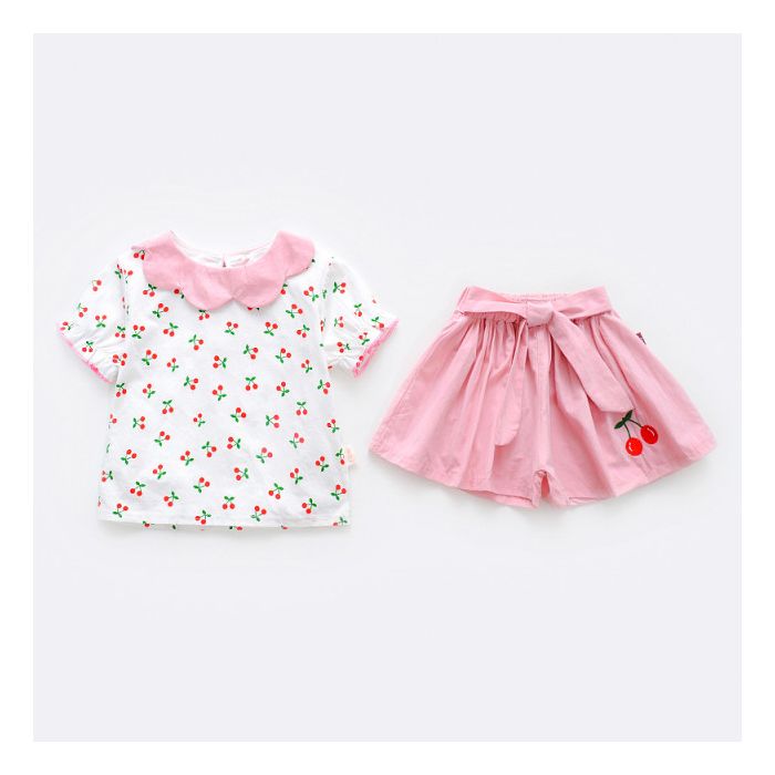 Costumas alb cu roz pentru fetite - Cirese (Marime Disponibila: 12-18 luni (Marimea 21 incaltaminte)),MBW-098-5