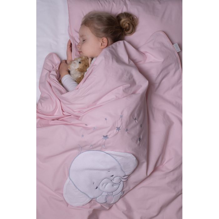 Set Lenjerie din bumbac, cu protectie laterala, pentru pat bebelusi, ELEPHANT Pink, 120 x 60 cm PJB81334