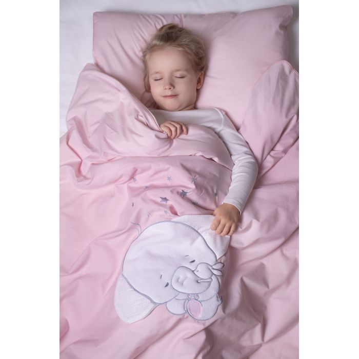 Set Lenjerie din bumbac, cu protectie laterala, pentru pat bebelusi, ELEPHANT Pink, 120 x 60 cm PJB81334