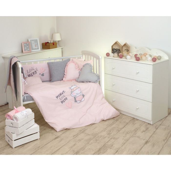Set Lenjerie din bumbac, cu protectie laterala, pentru pat bebelusi, Hero Pink, 120 x 60 cm PJB80437