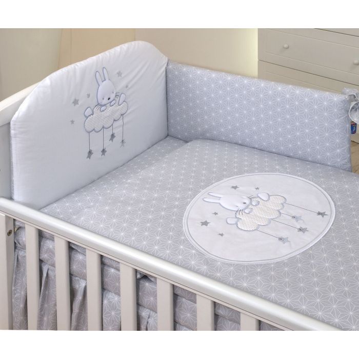 Set Lenjerie din bumbac, cu protectie laterala, pentru pat bebelusi, Sky Bunny Grey, 120 x 60 cm PJB68746