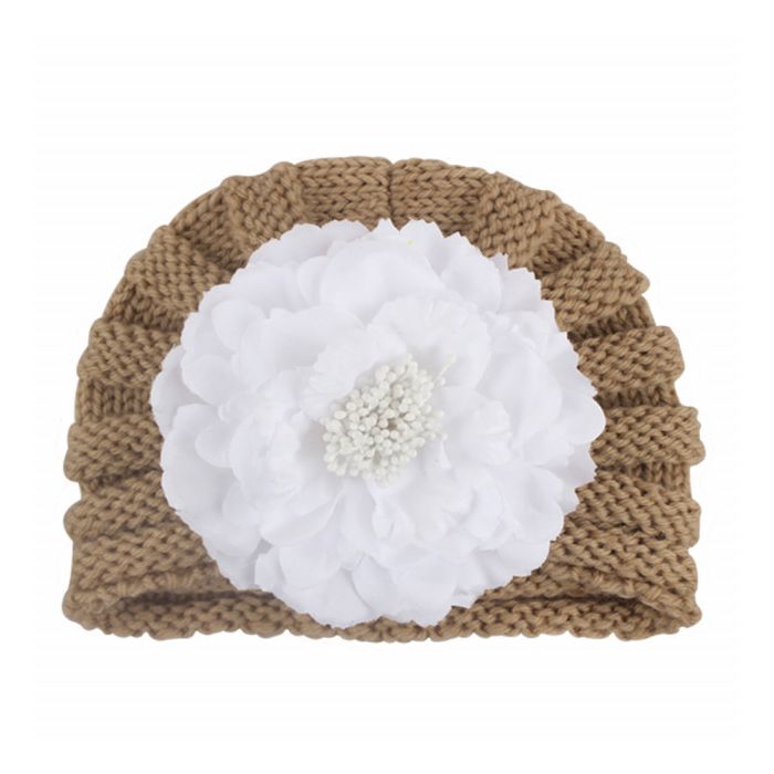 Caciulita crosetata tip turban cu floare aplicata (Marime Disponibila: 3-6 luni (Marimea 18 incaltaminte), Culoare: Maro) MDx-19093