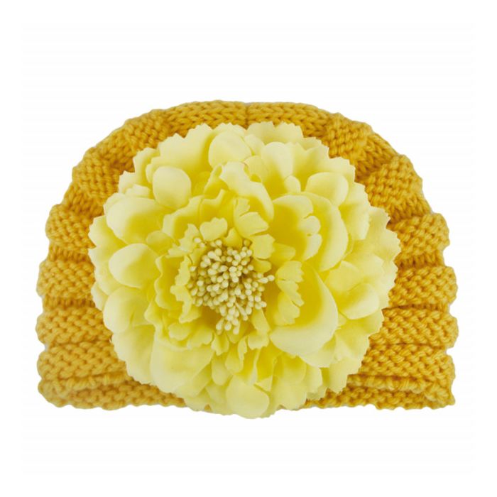 Caciulita crosetata tip turban cu floare aplicata (Marime Disponibila: 6-9 luni (Marimea 19 incaltaminte), Culoare: Galben) MDx-19093