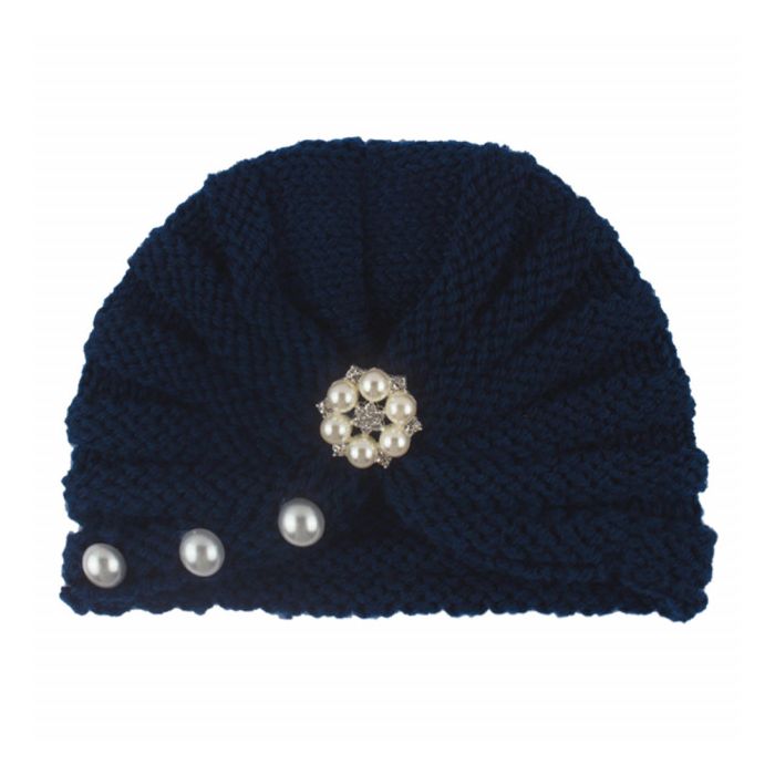 Caciulita crosetata tip turban cu perlute si strasuri (Marime Disponibila: 3-6 luni (Marimea 18 incaltaminte), Culoare: Bleumarine) MDx-19064