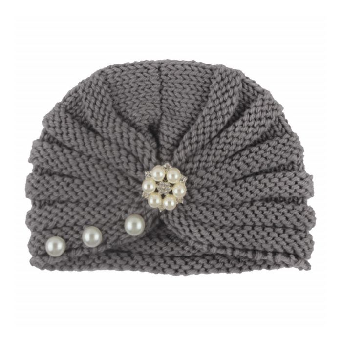 Caciulita crosetata tip turban cu perlute si strasuri (Marime Disponibila: 3-6 luni (Marimea 18 incaltaminte), Culoare: Gri) MDx-19064