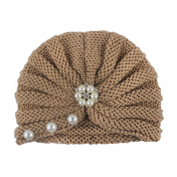 Caciulita crosetata tip turban cu perlute si strasuri (Marime Disponibila: 6-9 luni (Marimea 19 incaltaminte), Culoare: Lila) MDx-19064