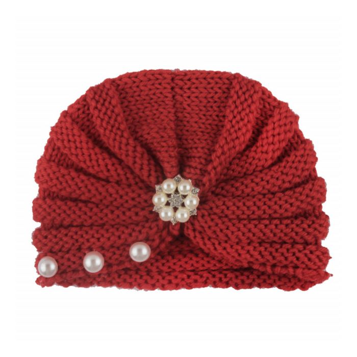 Caciulita crosetata tip turban cu perlute si strasuri (Marime Disponibila: 6-9 luni (Marimea 19 incaltaminte), Culoare: Maro) MDx-19064
