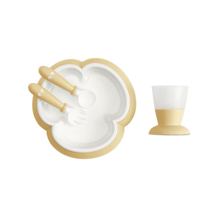 BabyBjorn - Set hranire: farfurie, lingurita, furculita si pahar pentru bebe, Powder Yellow BSAFE078166A