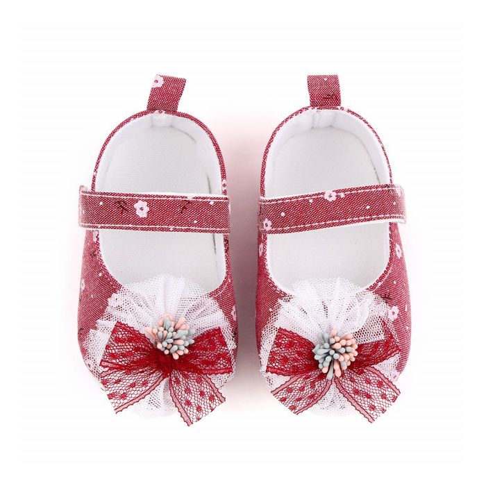 Pantofiori corai cu floricica si fundita (Marime Disponibila: 9-12 luni (Marimea 20 incaltaminte)) LID2522-1-sa30