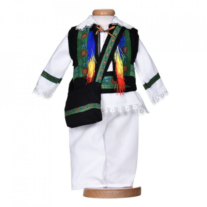 Costum botez traditional baietel, 5 piese, alb - verde, Denikos® 1014 NIK5549