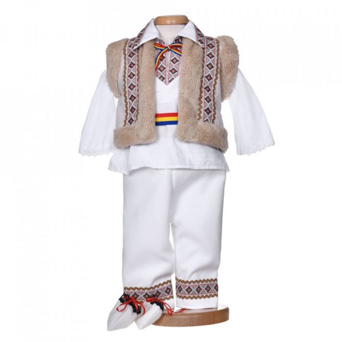 Costum popular pentru botez baietel, 5 piese, alb - maro, Denikos® 1015 NIK5550