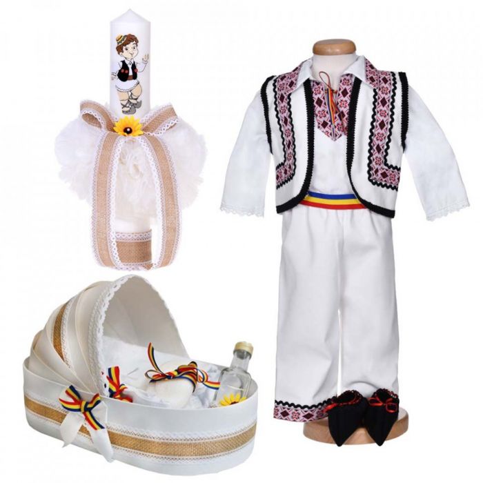 Set botez traditional baietel, trusou botez landou, lumanare si costum national, Denikos® 1040 NIK5536