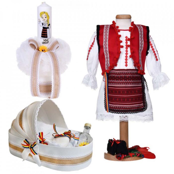 Set costum national fetita, trusou botez landou si lumanare, decor traditional, Denikos® 1053 NIK5528