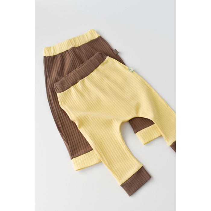 Set 2 pantaloni Ribana Bebe Unisex din bumbac organic si 5%elastan - Vanilie/Maro (Marime: 6-9 luni) JEMBC-CSYR4003-6
