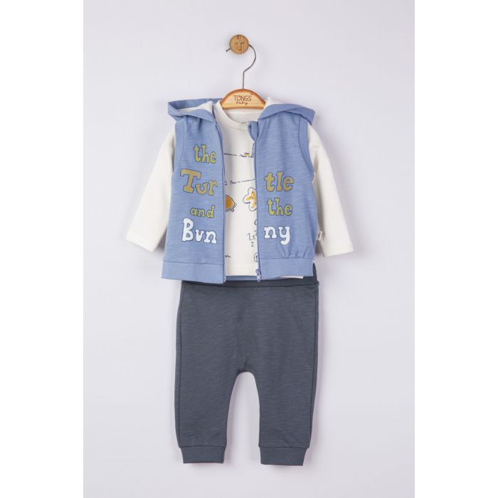 Set 3 piese: pantaloni, bluzita si vestuta pentru bebelusi, Tongs baby (Culoare: Albastru, Marime: 9-12 luni) JEMtgs_4064_4