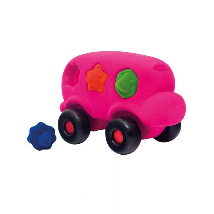 Autobuz interactiv sortator de forme, din cauciuc natural, 22 cm, roz, 1an +, Rubbabu KDGRU26273