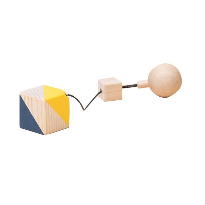 Jucarie Montessori din lemn, cub pentru centru activitati, albastru-galben, Mobbli KDGMBL-FG-CL-02