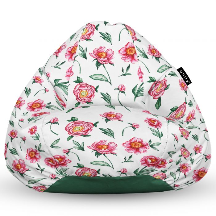 Fotoliu Units Puf Bean Bag tip para XL, impermeabil, indoor/outdoor, sac interior, cu maner, 90 x 85 x 65 cm, alb cu flori rosii BEANUNB-PR-XL-EXT-008