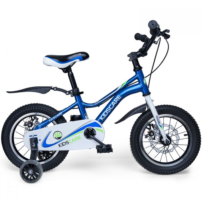 Bicicleta pentru copii 2-4 ani HappyCycles KidsCare, roti 12 inch, cu roti ajutatoare si frane pe disc, albastru SUPKC_HC12-blue