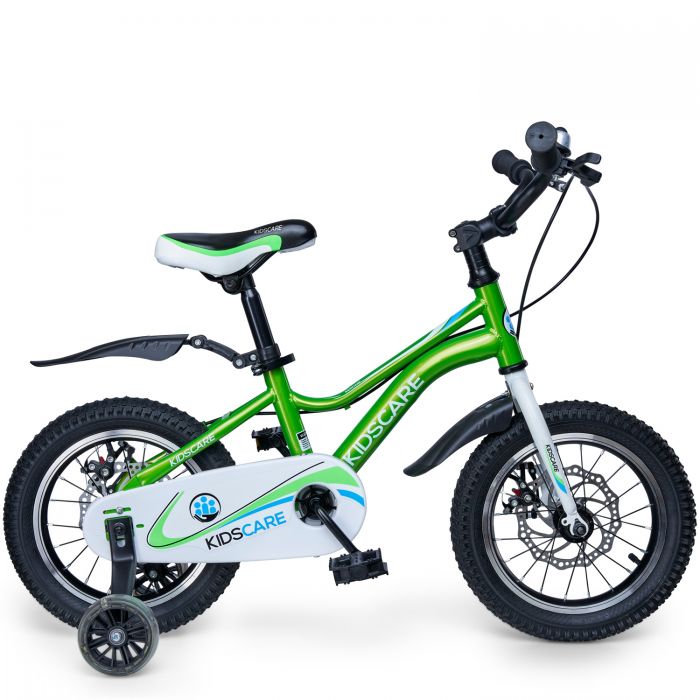 Bicicleta pentru copii 5-8 ani HappyCycles KidsCare, roti 16 inch, cu roti ajutatoare si frane pe disc, verde SUPKC_HC16-green