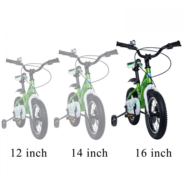 Bicicleta pentru copii 5-8 ani HappyCycles KidsCare, roti 16 inch, cu roti ajutatoare si frane pe disc, verde SUPKC_HC16-green