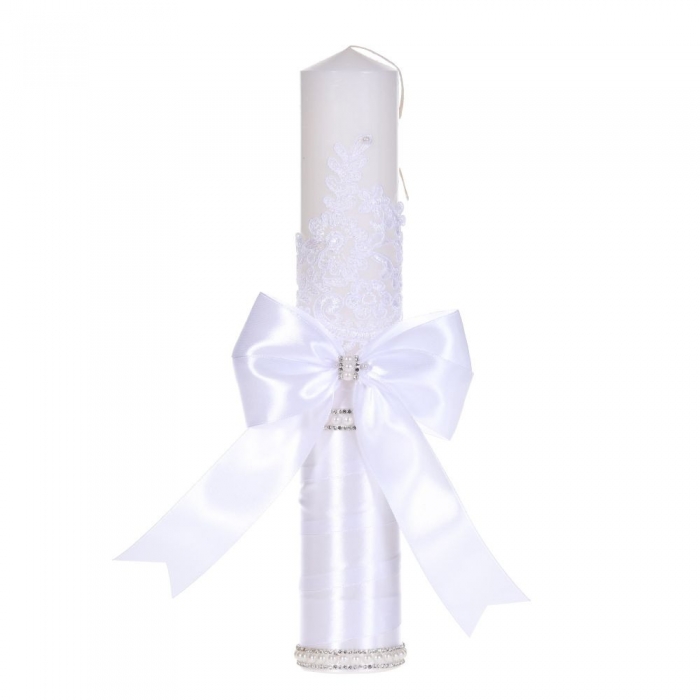 Lumanare botez decor alb elegant, dantela, margelute si fundita asortata, Denikos® C1188 NKO5964