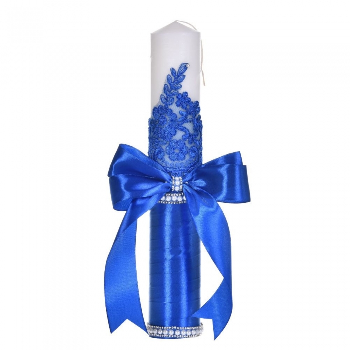 Lumanare botez decor albastru elegant, dantela, margelute si fundita asortata, Denikos® C1189 NKO5965