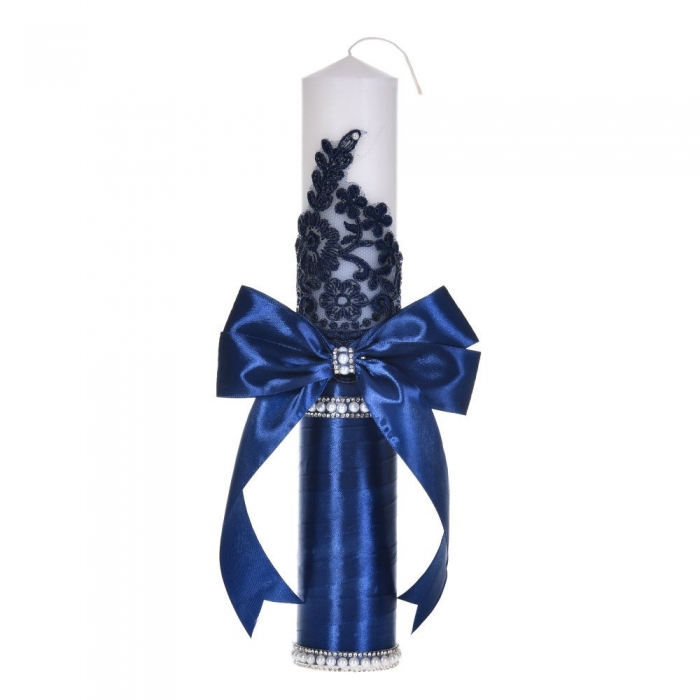 Lumanare botez decor bleumarin elegant, dantela, margelute si fundita asortata, Denikos® C1191 NKO5967
