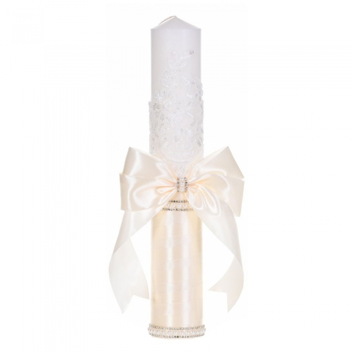 Lumanare botez decor crem/ivoire elegant, dantela, margelute si fundita asortata, Denikos® C1196 NKO5972
