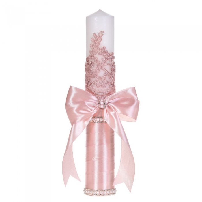 Lumanare botez decor roz pudra elegant, dantela, margelute si fundita asortata, Denikos® C1192 NKO5968