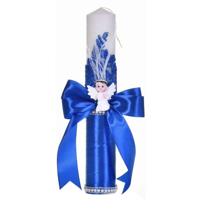 Lumanare botez eleganta decor albastru dantela, ingeras cu pene si fundita asortata, Denikos® C1180 NKO5956