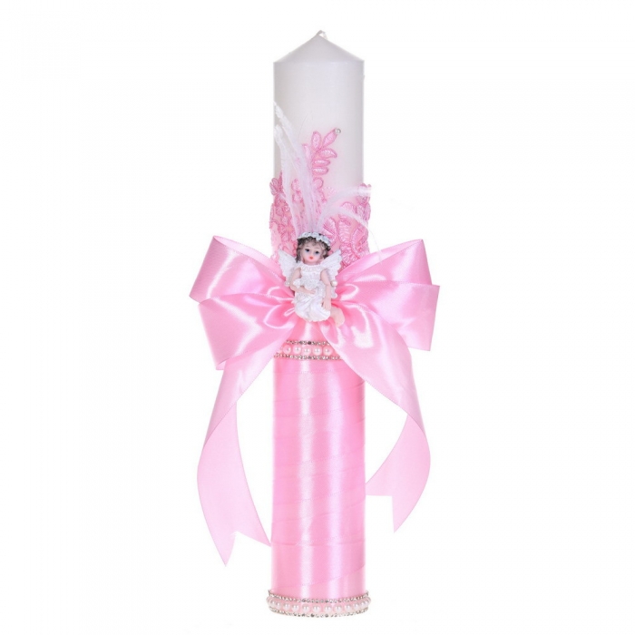 Lumanare botez eleganta decor roz, dantela, ingeras cu pene si fundita asortata, Denikos® C1186 NKO5962