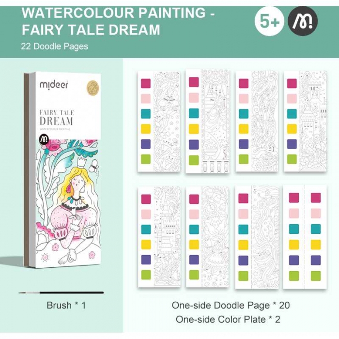 Carte de colorat cu apa,  pensula de pictat si culori incluse, 19 x 8 x 1.3 cm, Fairy Tale Dream Mideer MD4193 BBJMD4193_Initiala