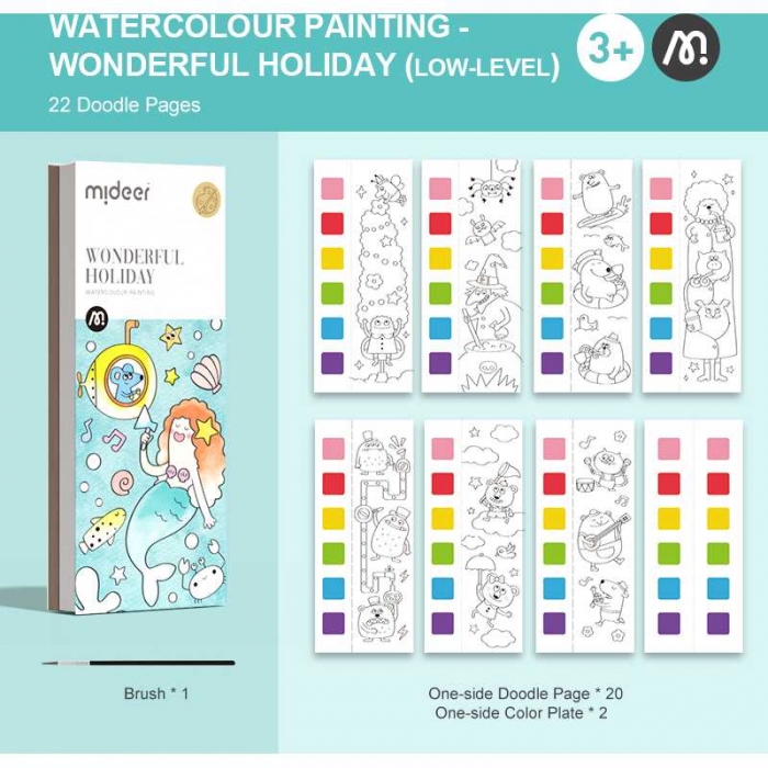Carte de colorat cu apa,  pensula de pictat si culori incluse, 19 x 8 x 1.3 cm, Wonderful Holiday Mideer MD4226 BBJMD4226_Initiala