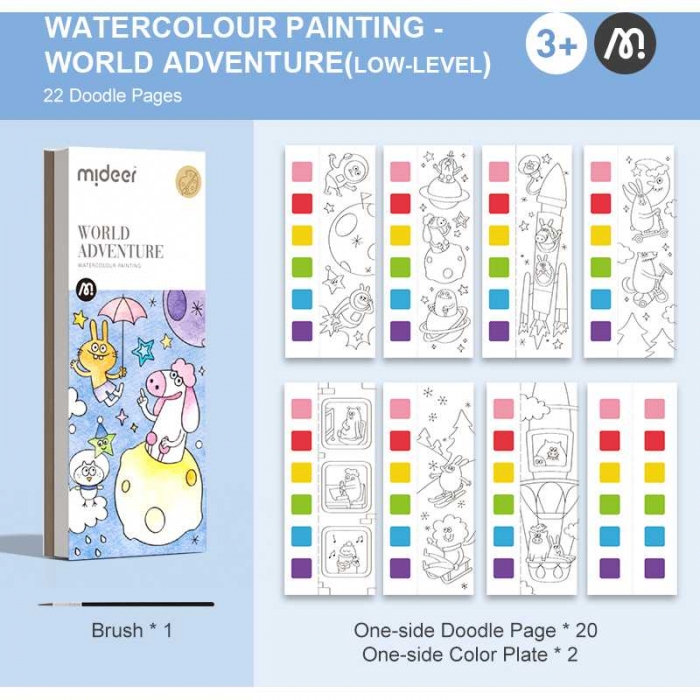 Carte de colorat cu apa,  pensula de pictat si culori incluse, 19 x 8 x 1.3 cm, World Adventure Mideer MD4225 BBJMD4225_Initiala